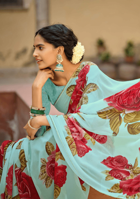 Faux georgette Turquoise beautiful saree for festival