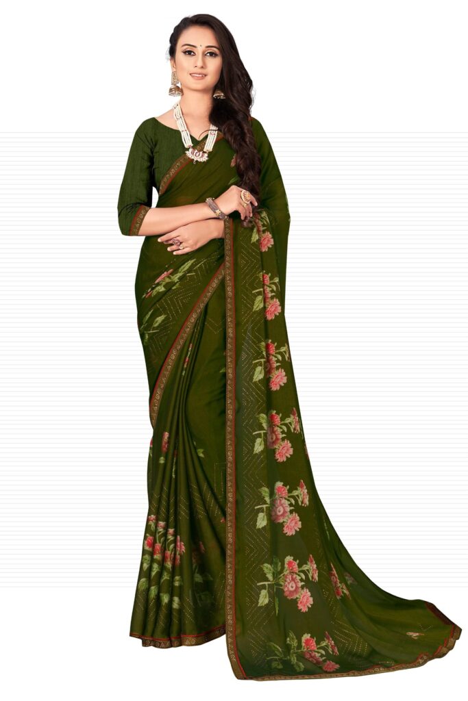 Art Silk Saree in Floral Print With Swarovski Embroidery in Mehndi Color