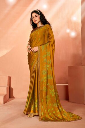 Mustard color Vichitra silk printed saree