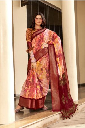 Linen cotton printed saree in Brown color