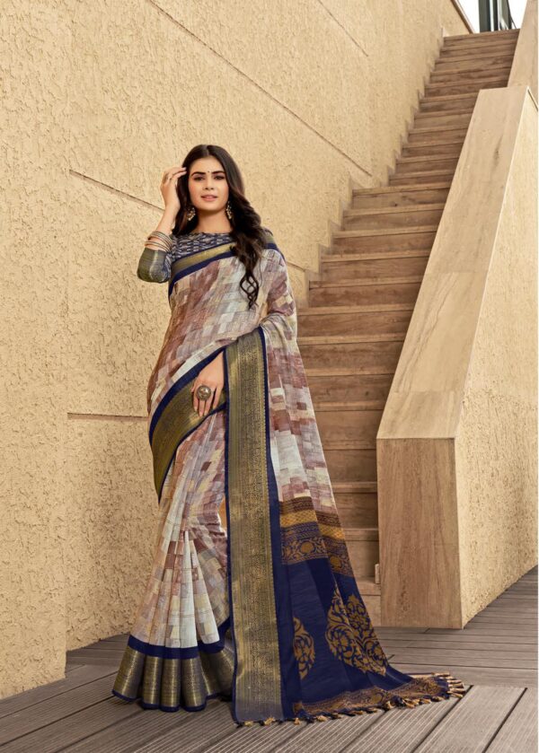Multi color Linen Cotton saree with Beautiful Digital print and Zari Border