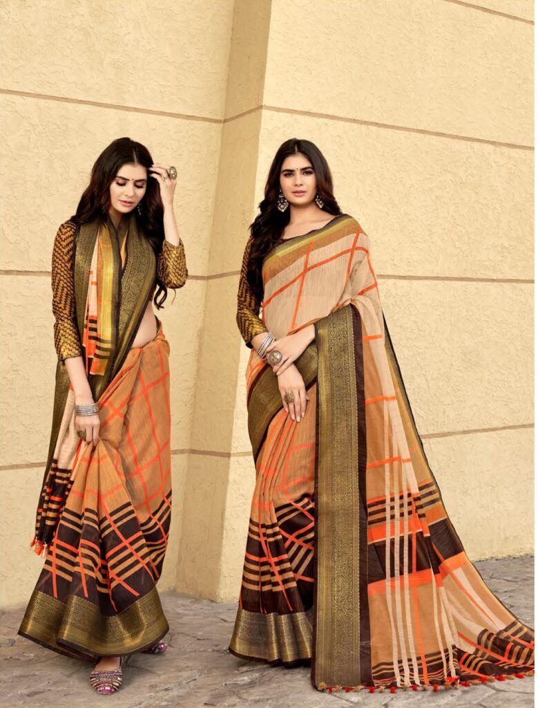 Clay & Beige color Linen Cotton saree with Beautiful Digital stripe print and Zari Border