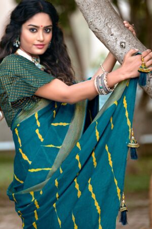Pine Green Butterfly Moss Chiffon Saree with Striped Print