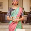 Foil print Faux Chiffon Saree in Light Green Pink Color - Image 2