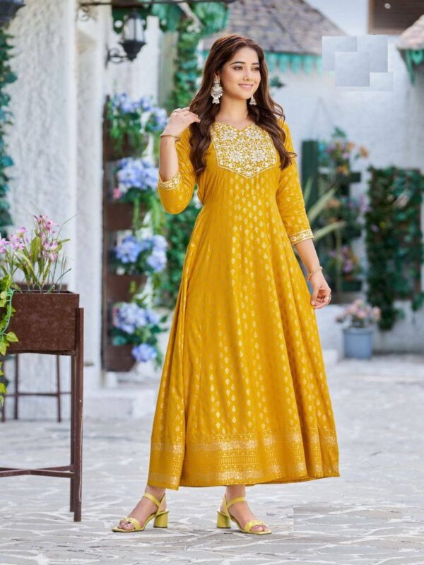 Long Anarkali gown with heavy Embroidery work in Yellow Color